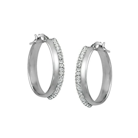 Polished Oval Hoop Earrings with Swarovski Crystal in Sterling Silver