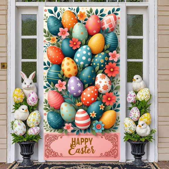 Bunny Design Easter Banner Colorful Eggs Happy Easter Display Floral Cross Spring Flowers Easter Party Backdrop for Easter Party Church Event Spring Celebration