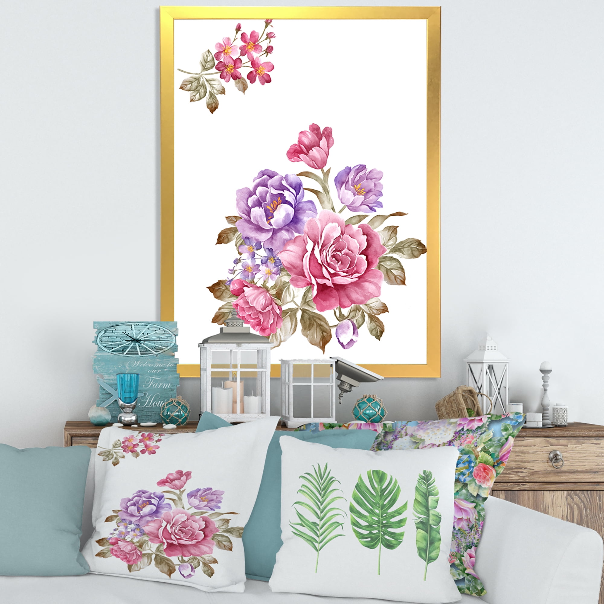 Designart 'Bouquet of Purple and Pink Flowers I' Farmhouse Framed Art Print