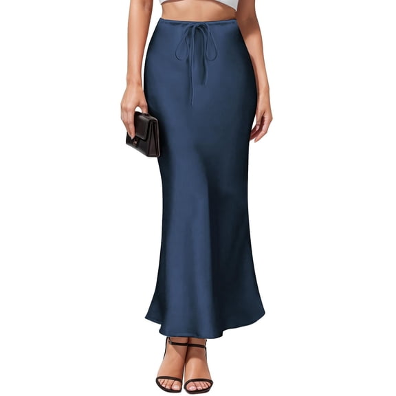 LWavelet Drawstring Waist Satin Mermaid Maxi Skirt Women Elegant Evening Party Flowy Versatile Bottoms Navy L