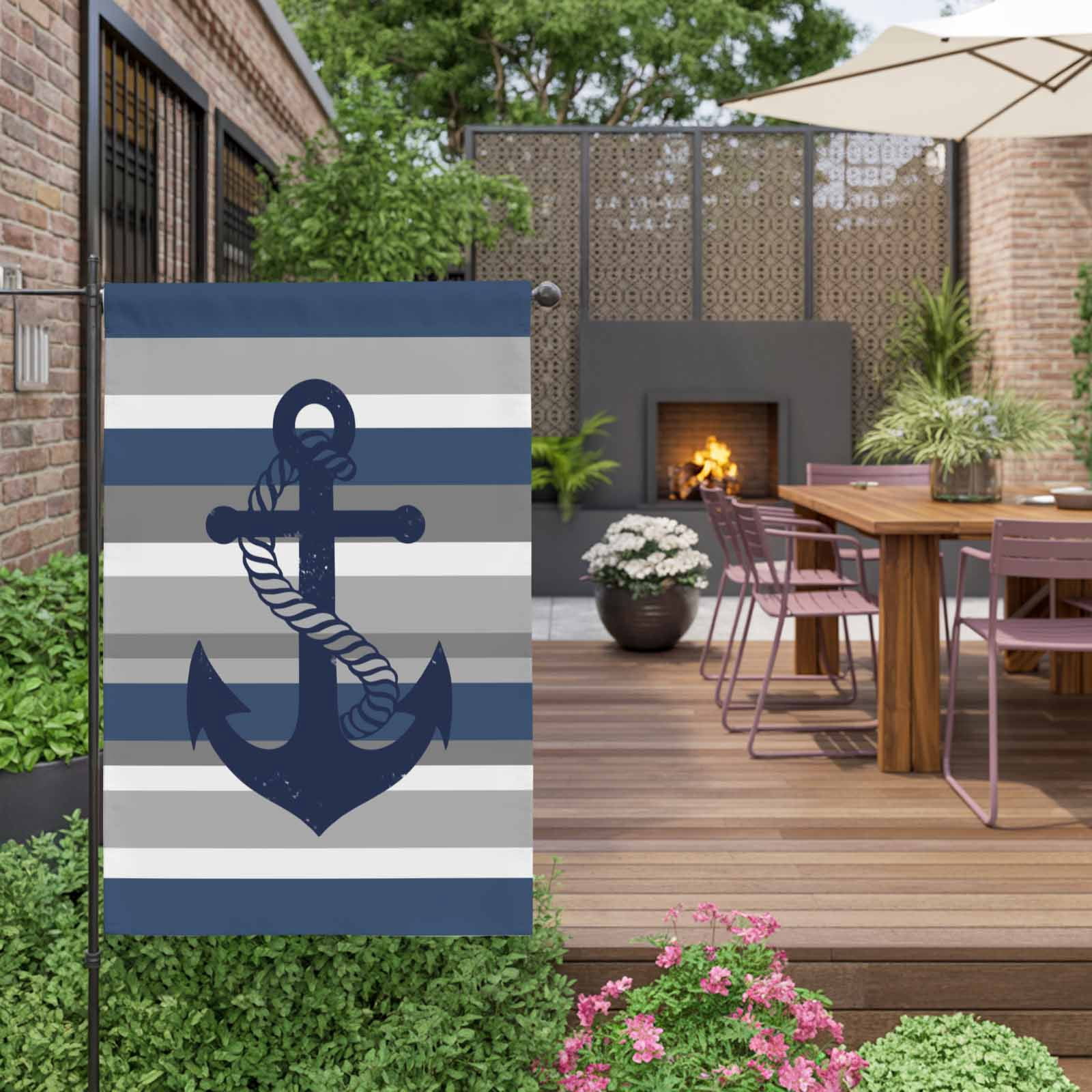 Nautical Anchor House Flag 28 x 40 Inches, Navy Blue Grey Stripe Modern Simplistic Striped Weather Proof Outdoor Patio Flags Double Sided Small House Decoration for Yard Lawn Outside Home