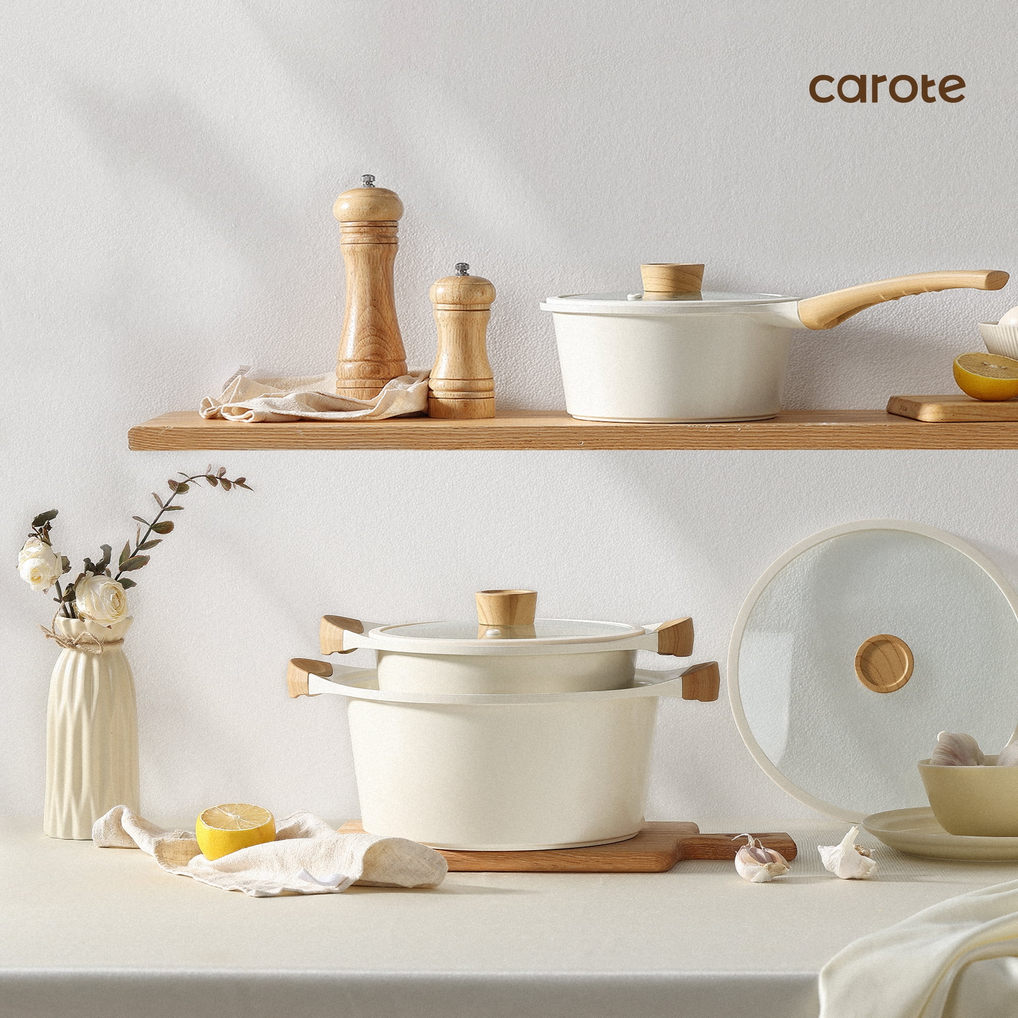 Carote 6pcs Ceramic Cookware Sets, Induction Pots and Pans, Non Stick Pots Sets, White