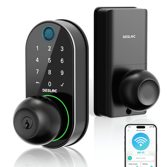 DESLOC D212 Fingerprint Door Knob Lock, Built in WiFi, 8-Month Battery | BHMA 3, Easy Install, App Control, Auto Lock, works with Alexa Google Assistant, Keyless Entry Lock for Front door, Black