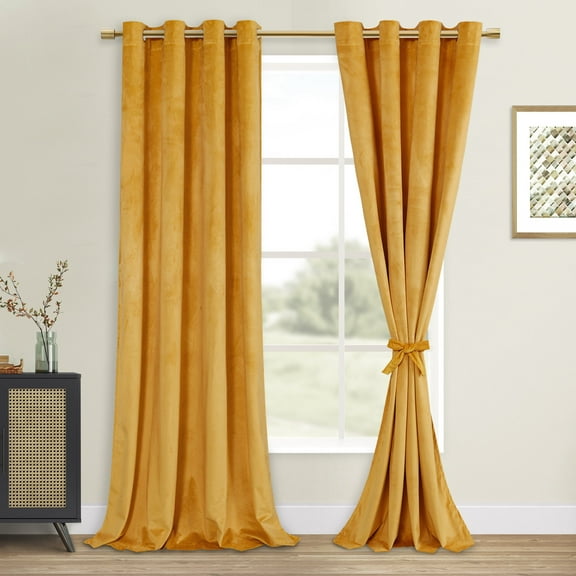 XWZO Velvet Curtains 96 Inches Long - Room Darkening, Energy Efficient Super Soft Velvet Blackout Curtains for Living Room/Bedroom with Tiebacks, Grommet, Warm Gold, W52 x L96, Set of 2