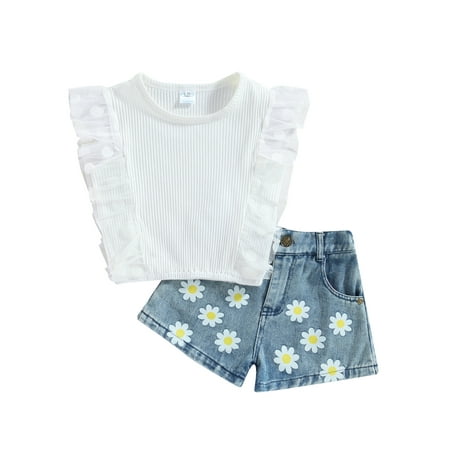 

Pudcoco Girl Summer Sets White Ruffle Sleeve Ribbed Tops Daisy Print Denim Shorts