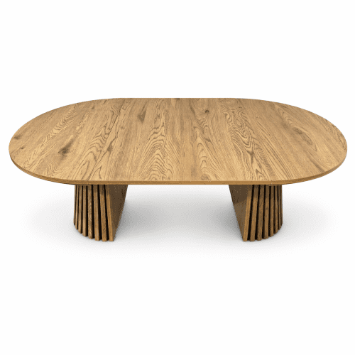 Modern Oval Extendable Wood Coffee Table, Slatted Legs, Multi-Functional Center Table for Living Room or Office, 31.5"–55.12" L, Nature