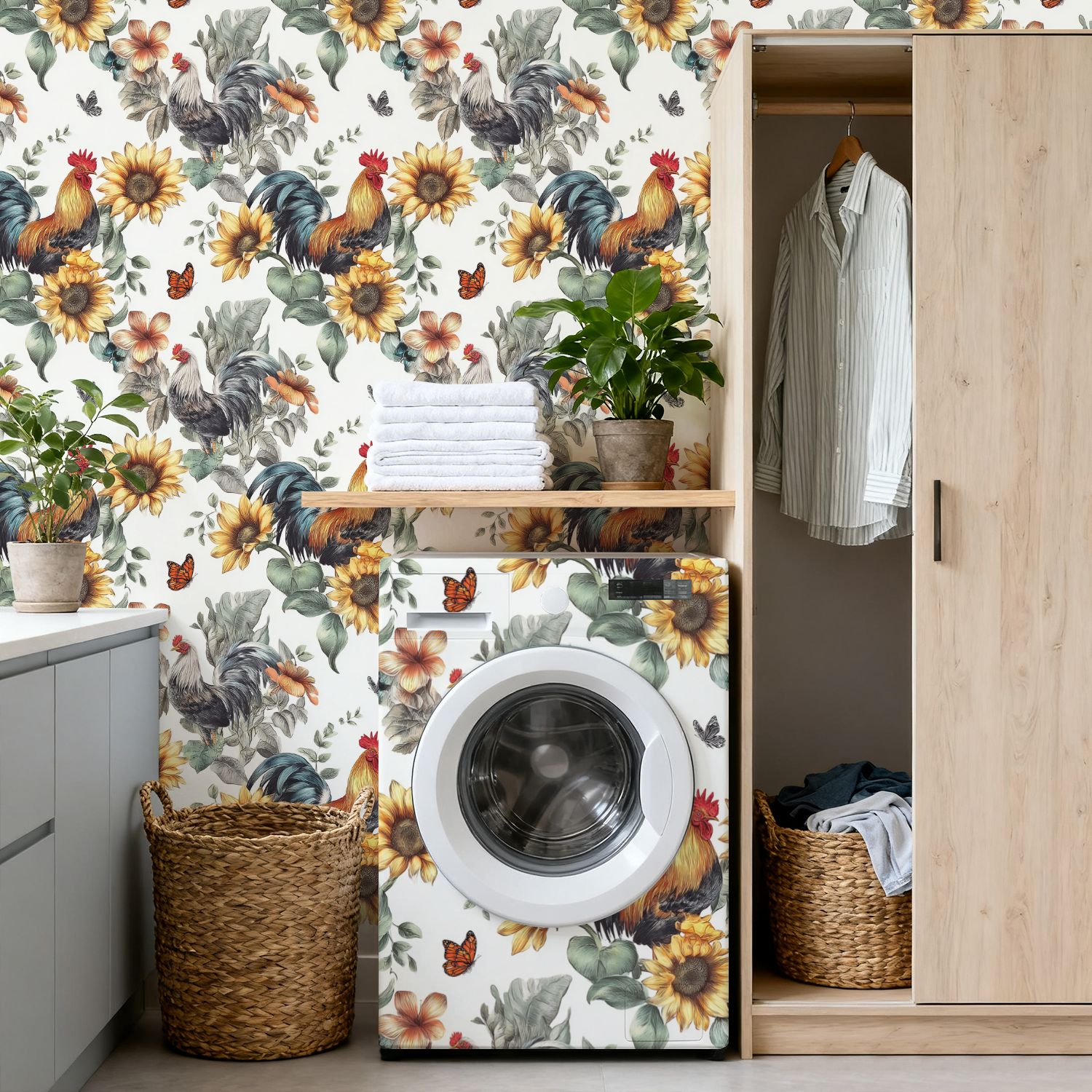 Peel and Stick Wallpaper 17.7in x 9.8ft Farmhouse Rooster Sunflower Floral Contact Paper Vinyl Self-Adhesive Removable Wall Paper for Bedroom DIY Home Decor Renter Friendly