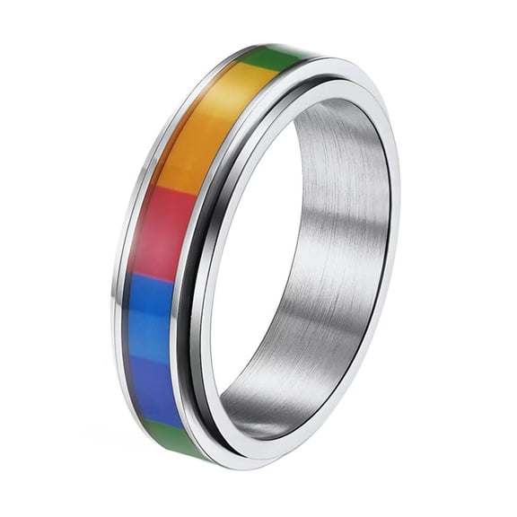 PAMTIER Men's and Women's Stainless Steel 6MM Rotatable Relieves Anxiety Fortunate Wish Rainbow Ring Silver Size 10