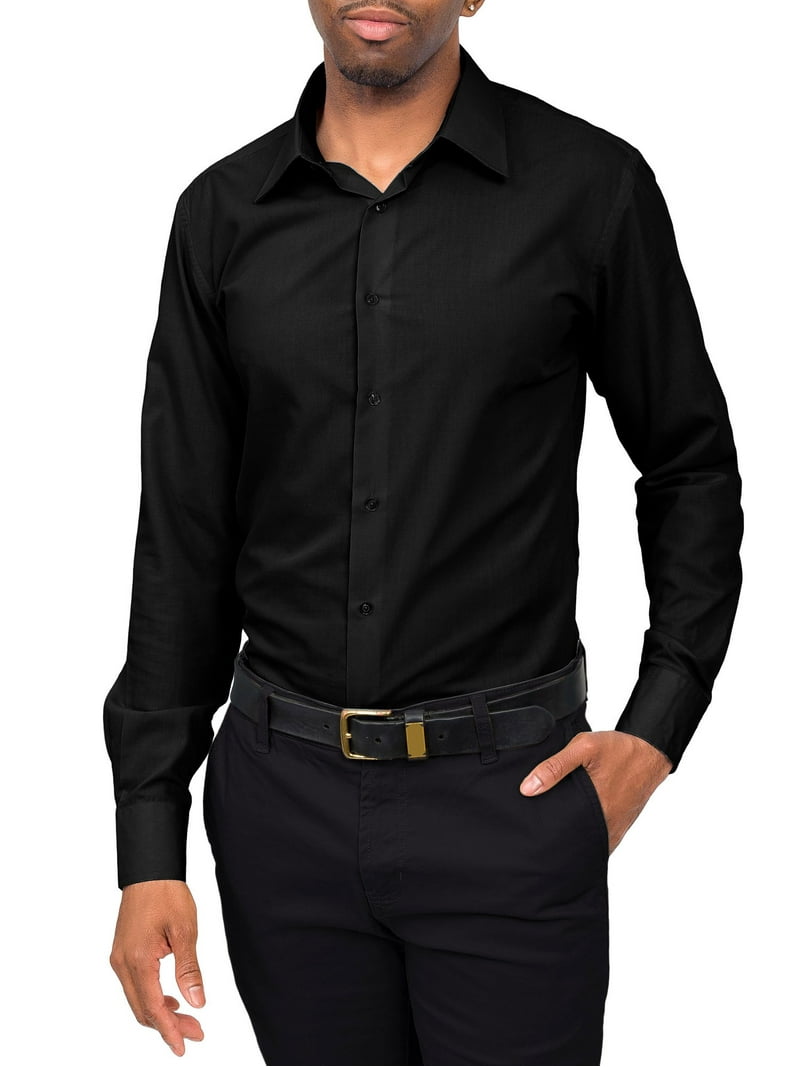 Men's Slim Fit Solid Color Dress Shirt (Black) Black / X-Large/17-17.5 Neck/36-37 Sleeve