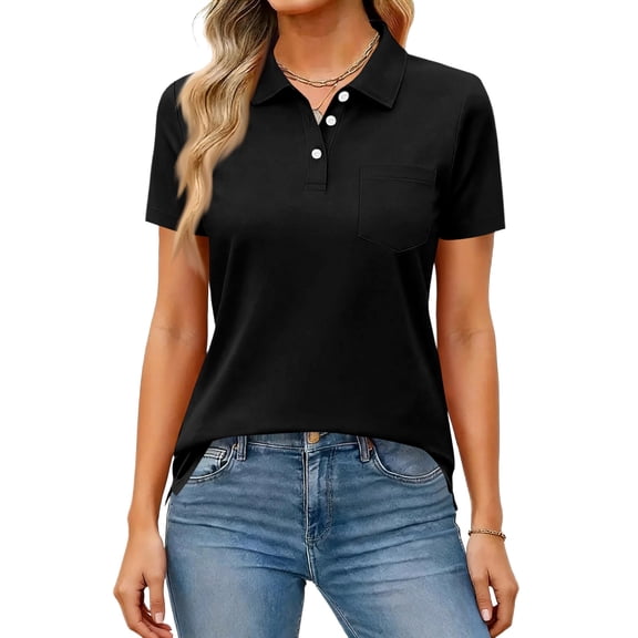 Women's Polo Shirts Short Sleeve Button Down Collared Shirts Business Casual Work Tops Athletic Tennis Golf Shirt Black 2XL