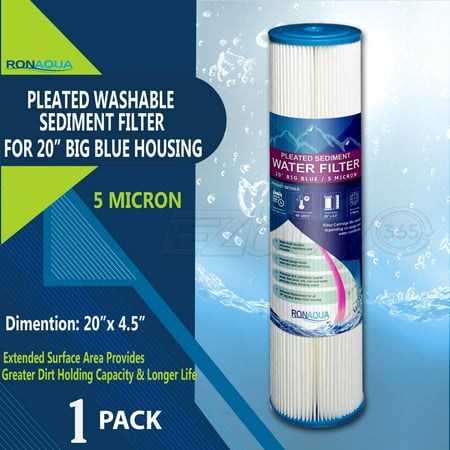 Big Blue Pleated Washable & Reusable Sediment Filter 5 Micron Amplified Surface Area, Removes Sand, Dirt, Silt, Rust, Extended Filter Life for 20
