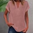 thumbnail image 2 of QQAMB Women's T-Shirts Cotton Linen V-Neck Solid Color Short Sleeve Summer Lightweight Casual Loose Tops Pink M, 2 of 5