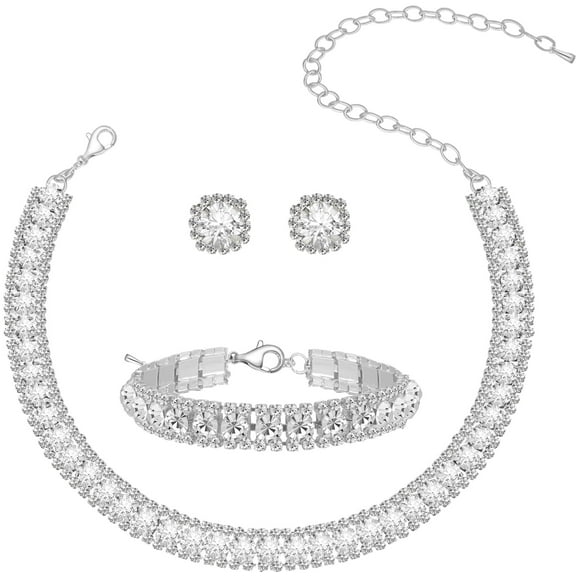 Women Rhinestone Crystal Jewelry Set Crystal Tennis Design Rhinestone Choker Necklace Link Bracelet Teardrop Earrings Set Wedding Bridal Bridesmaids Party