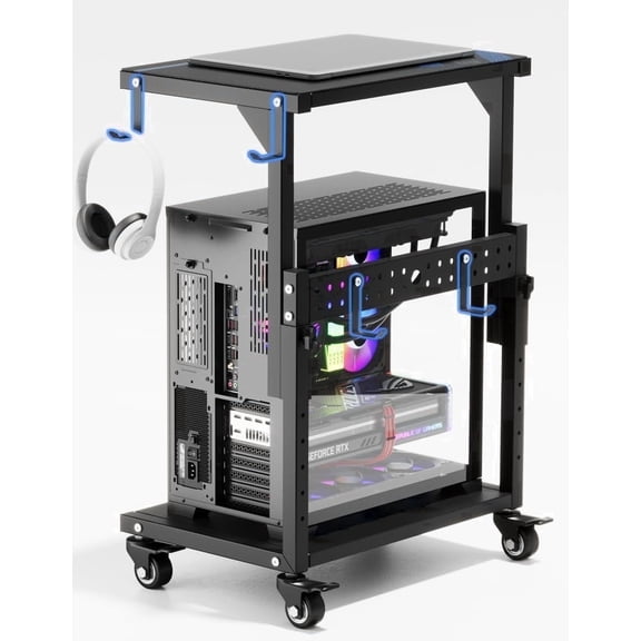 Computer Tower Stand, 6 Level Height Ajustable PC Tower Stand for Floor, Mobile Rolling CPU Holder Cart for Gaming Office Home,21.34"-28.3", Black