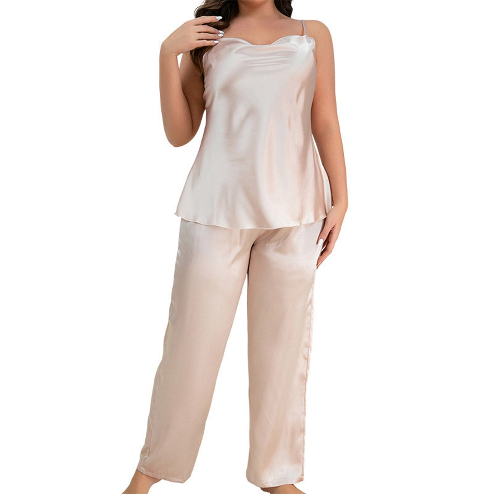 Womens Pajamas Cute Pajama for Women Womens Silk PajamasPlus Size Loose Pajama Set for Women Solid Color Silk Spaghetti Strap Adult Female Clothes Khaki Size XXL Walmart