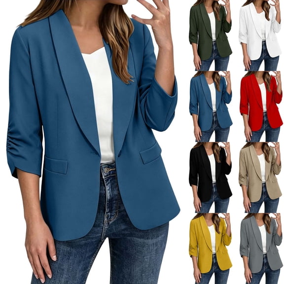 VBVC Women's Ruched 3/4 Sleeve Open Blazer, Solid Color Work Office Blazer For Women, Ladies' Lightweight Business Casual Jacket with Pockets,Black,S-2XL