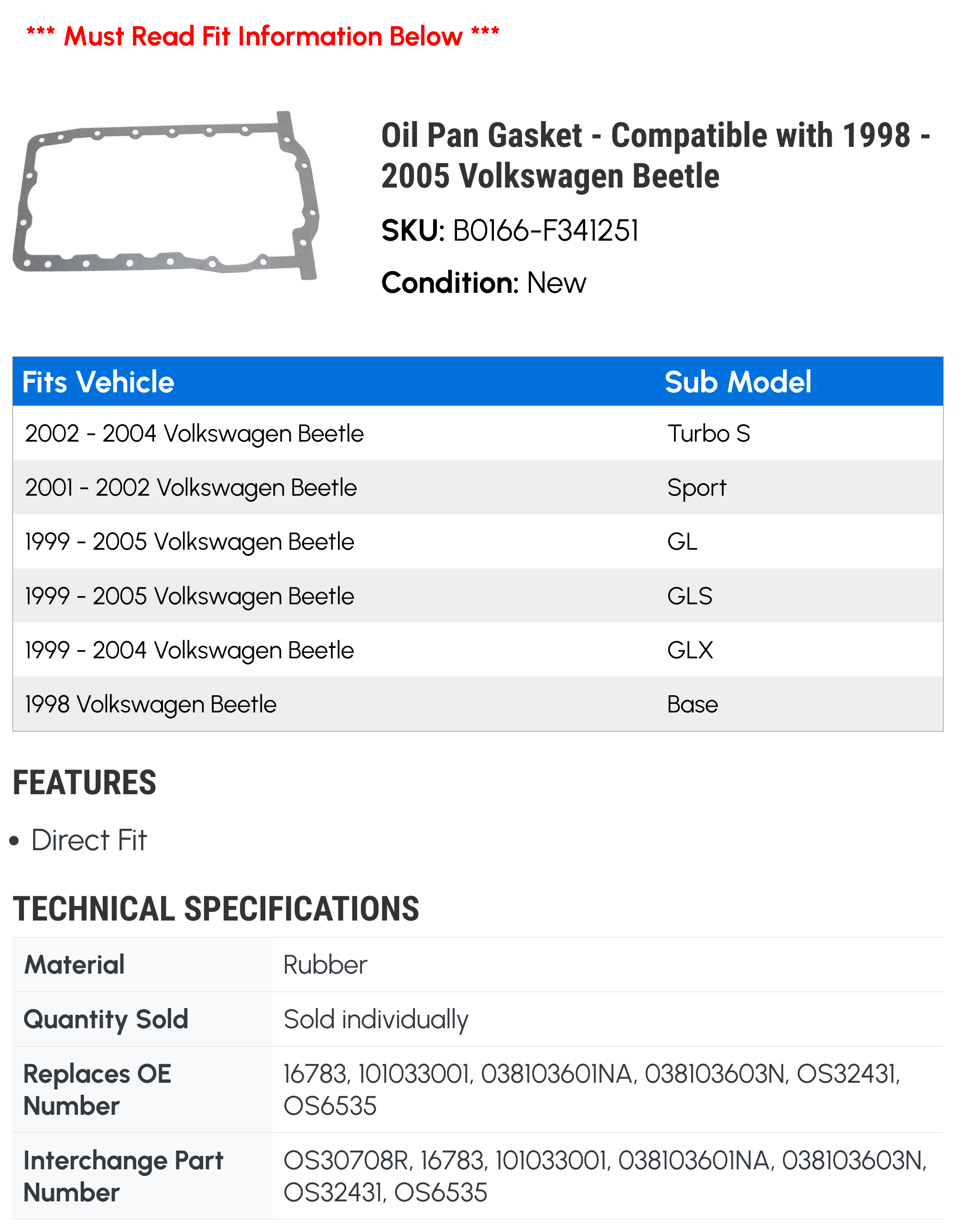 Oil Pan Gasket - Compatible with 1998 - 2005 Volkswagen Beetle 1999 2000 2001 2002 2003 2004
