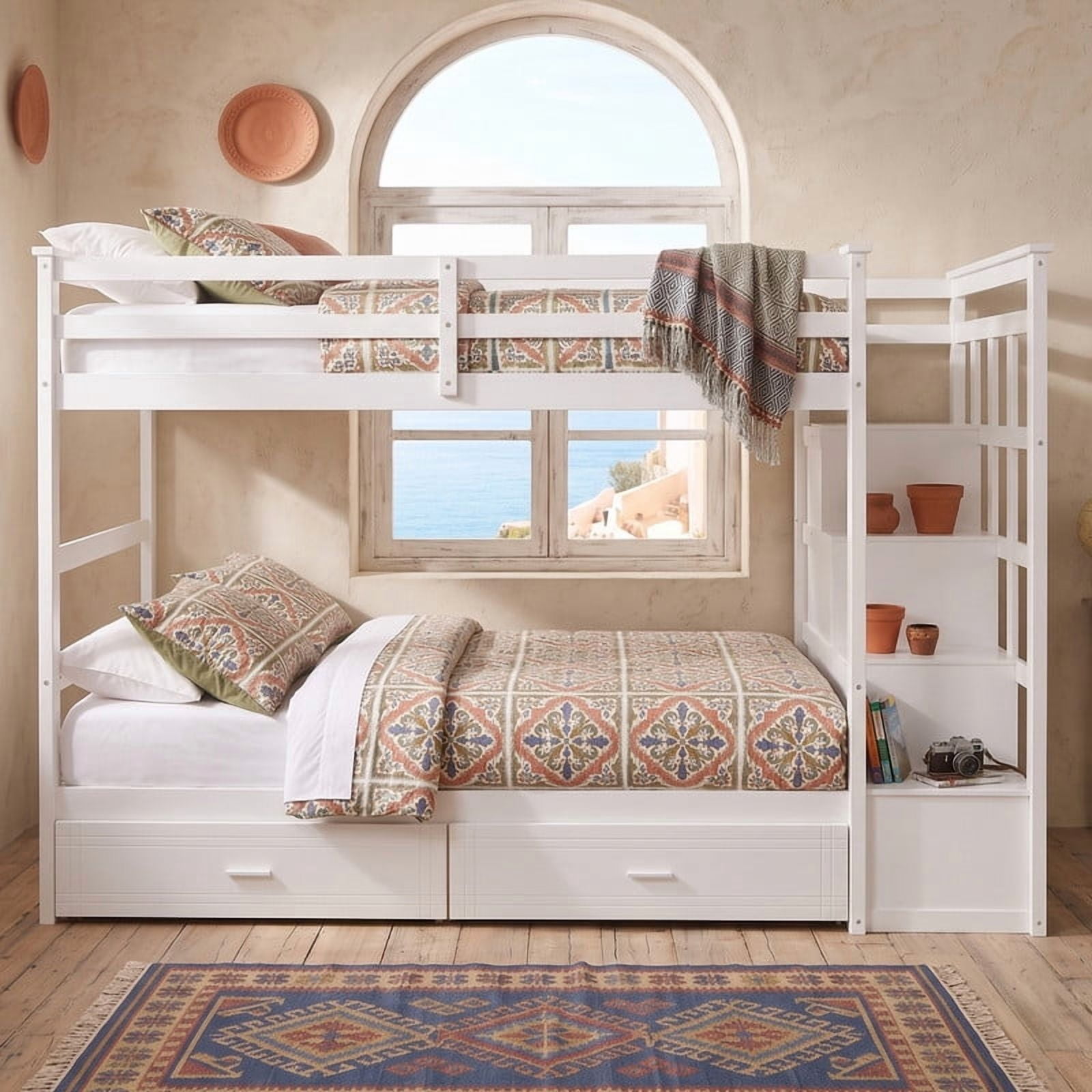 Twin Over Twin Kids/Teens Bunk Bed with Buit-In Staircase, Wooden Storage Bed Frame with 6 Drawers