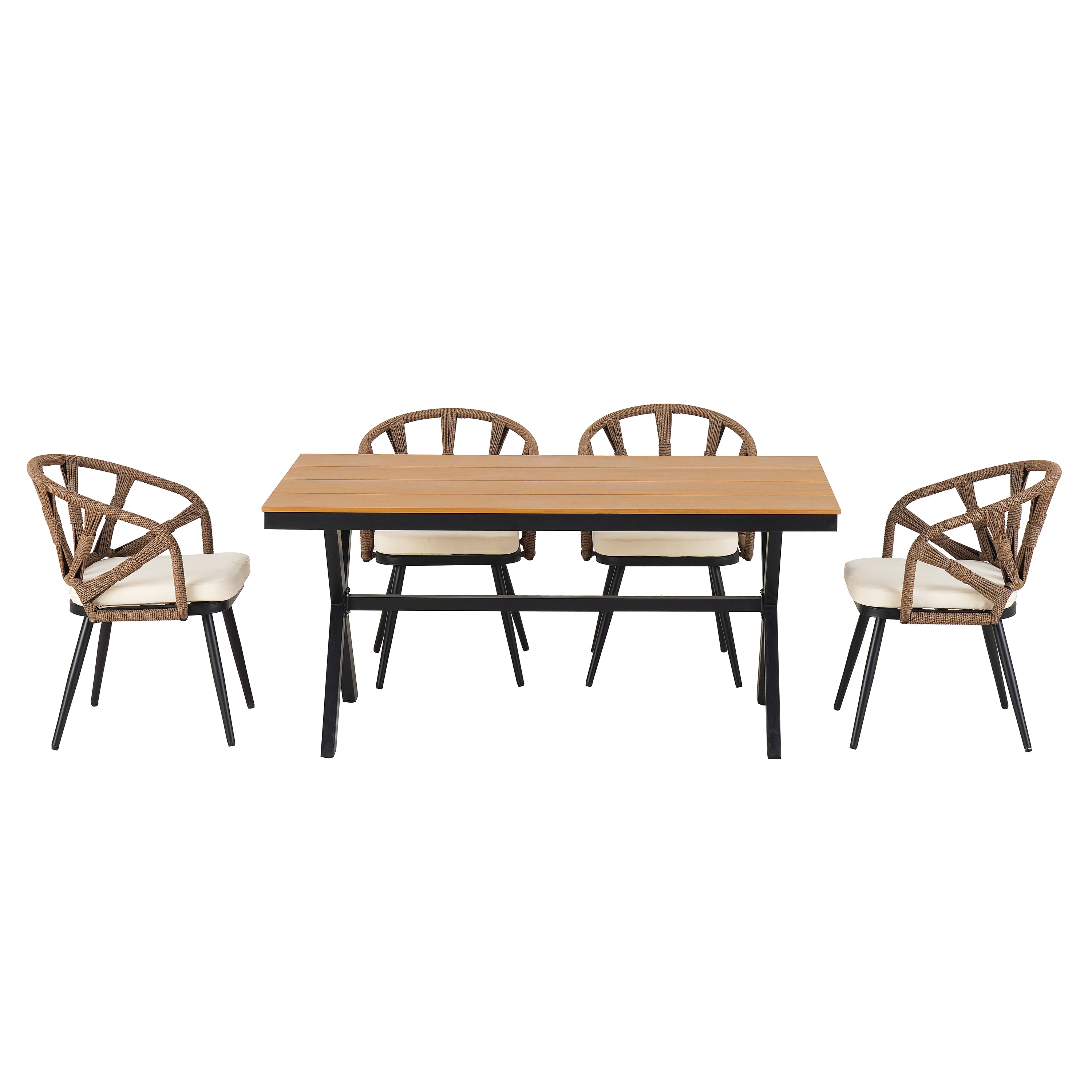 Harper & Bright Designs Outdoor Patio Dining Table Set with Plastic Wood Table, All-Weather Outdoor Furniture Dining Set with PE Rattan Chairs for 4, Brown
