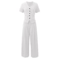 thumbnail image 6 of IWRICH Women's Linen 2 Piece Outfits Summer Short Sleeve V Neck Shirts Dressy Casual Sets Wide Leg Pant Suits White XL, 6 of 7