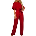 thumbnail image 2 of Back to School Outfits for Girls womens jumpsuit dressy Fall/Winter Solid Color Short Sleeved Crewneck Jumpsuit With Belt Jumpsuit, 2 of 7