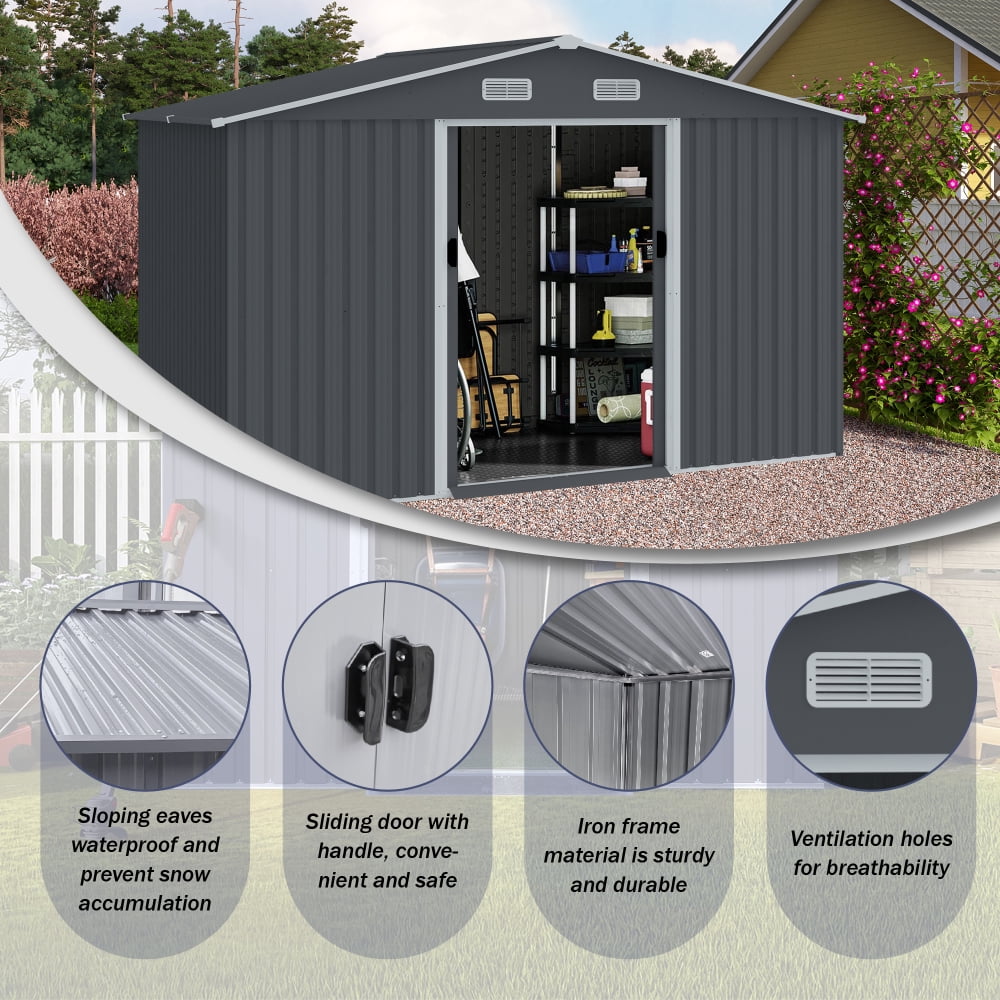 8x10 FT Metal Tool Shed - Features Sliding Doors & Ventilation for Lawn Mowers & Bike Storage