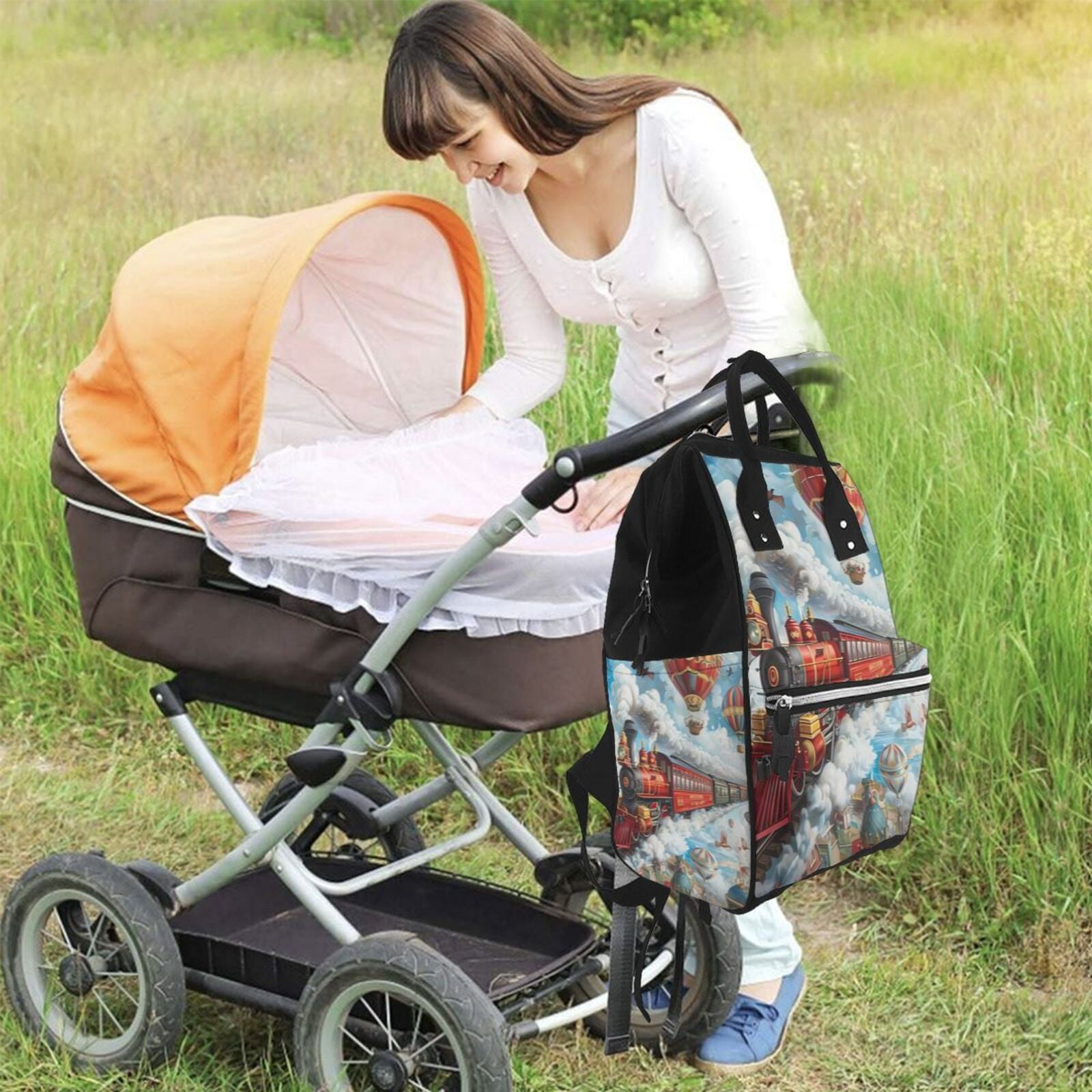 Ratiio Red Train Hot Air Balloon Mummy Backpack - Waterproof Twill Canvas, Large Capacity Diaper Bag with Multiple Pockets and Adjustable Straps