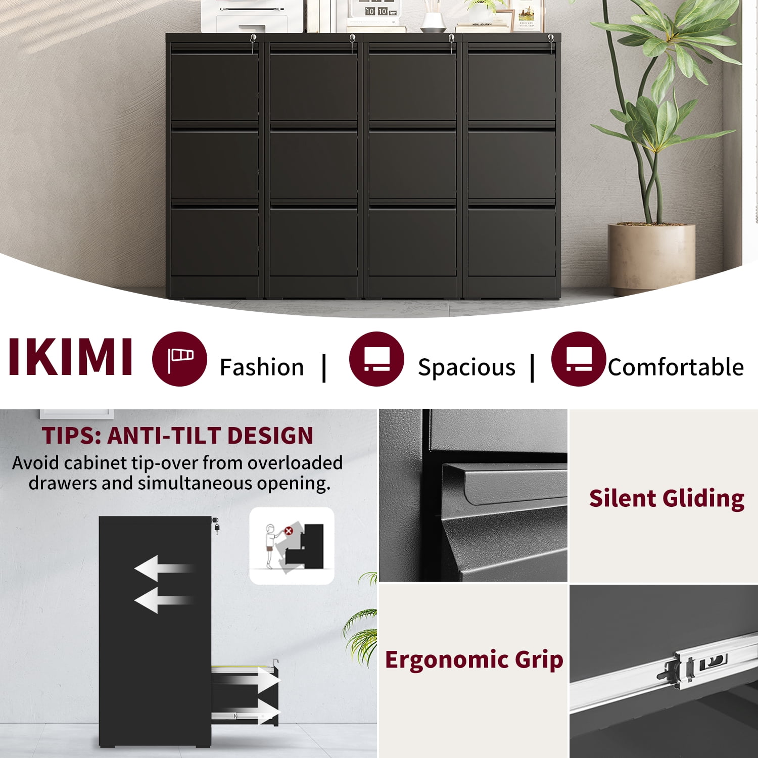IKIMI 3-Drawer Metal Vertical Filing Cabinet with Lock for A4/Letter/Legal Size Files, Black
