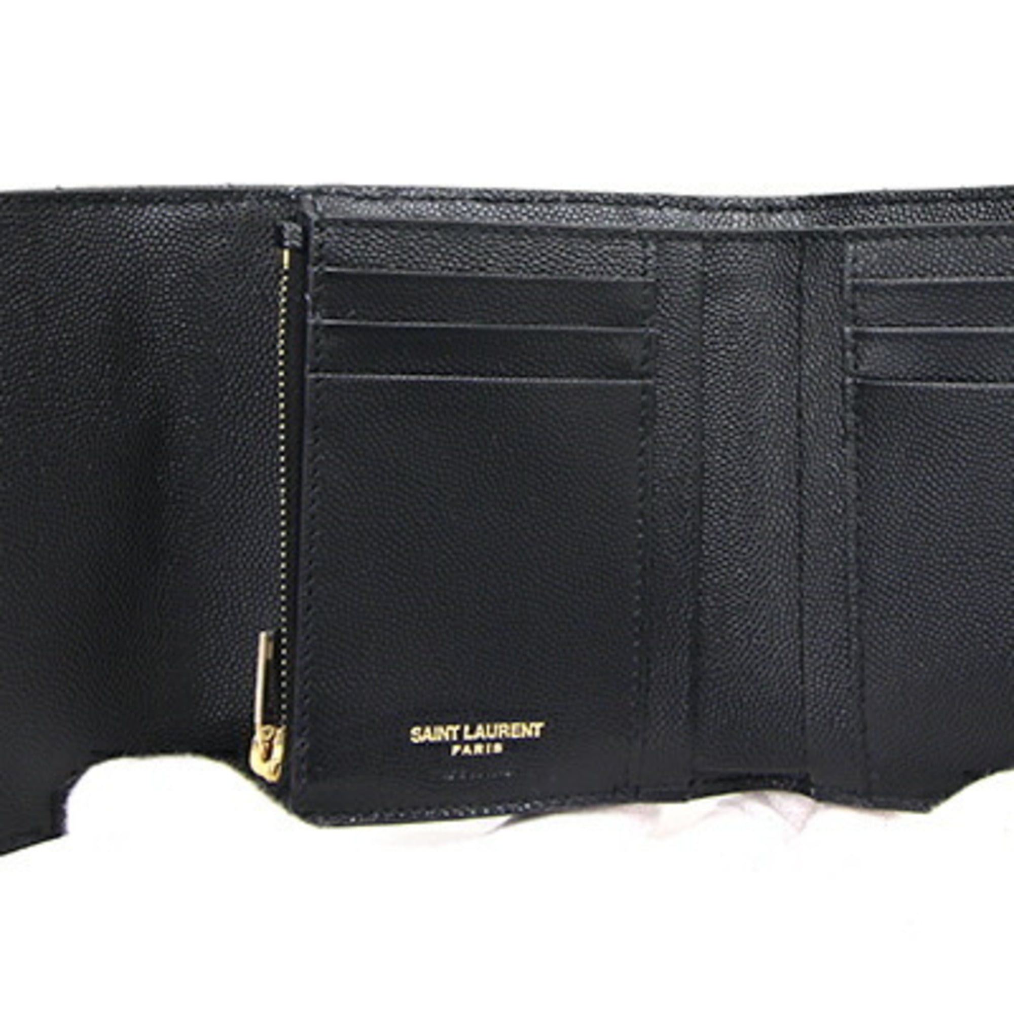 Auth Saint Laurent Tri-Fold Mini Wallet YSL Navy Gold Leather Itary Unisex