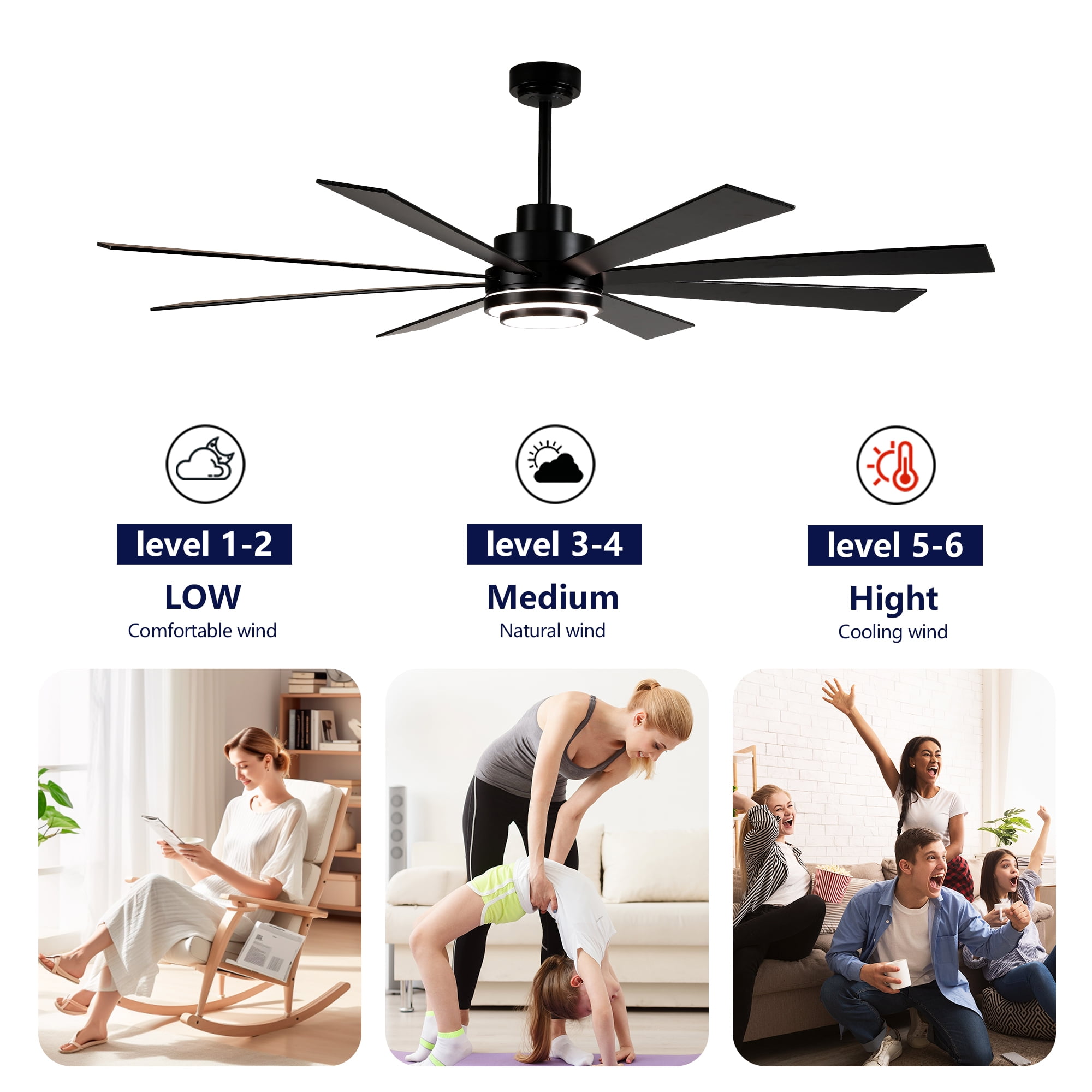 BOFANG 72 in Large Ceiling Fan with Dimmable LED Light and Remote, 8 Blades DC Motor(Matte Black)