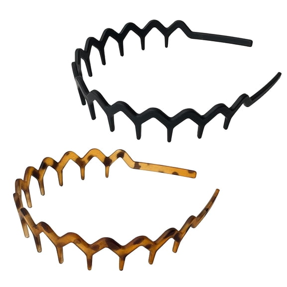 BZCOE Zig Zag Headbands for Women & Men, 2 Pack Non Slip Wavy Comb Headband for Slicked Back Hair, Lightweight Recycled Plastic Hair Accessories, Black & Tortoise (Matte)