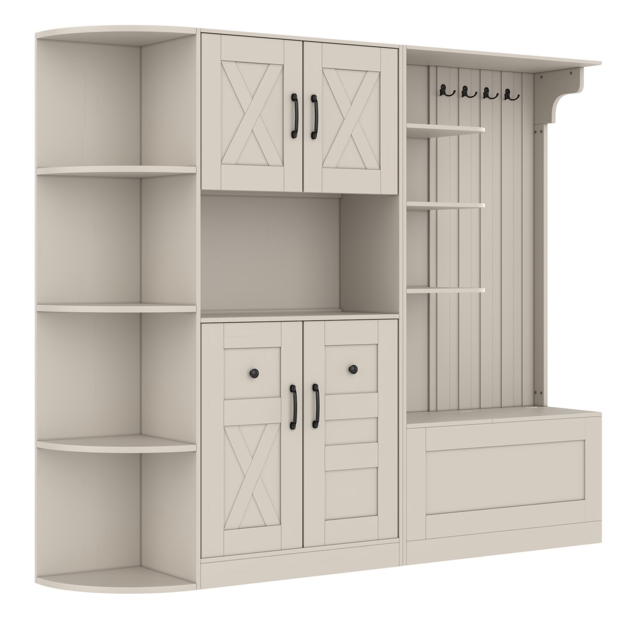T-Foyer Farmhouse Beige Detachable Hall Tree with 4 Hooks & Bench, Wooden Rustic Entryway Organizer with Open Storage & 2 Cabinets