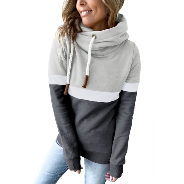 Mujeres Casual Patchwork Pullover Turleneck Hoodies Manga larga Cordón con capucha Tops Sudadera Fridja fksj3614