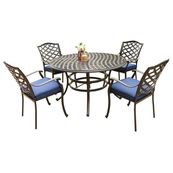 GatherCraft Arcadia 5-piece Outdoor Aluminum Dining Set with Cushions Espresso Brown/Navy Blue