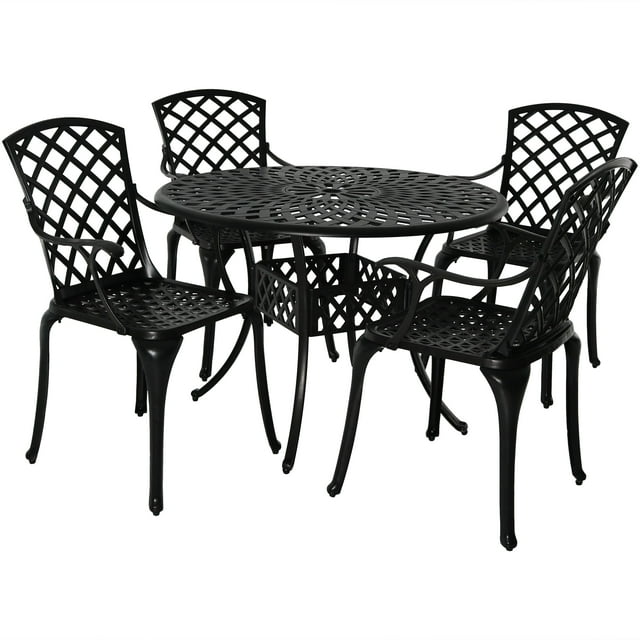 Sunnydaze Ensemble de Meubles de Salle à Manger de Patio Rond en Aluminium Moulé Noir avec Table et Chaises, 5 Pcs