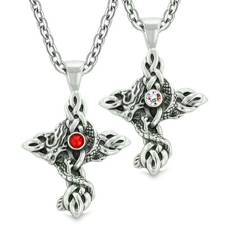 Fire Dragon Celtic Knots Protection Cross Amulets Love Couples or Best Friends Set Rainbow Red