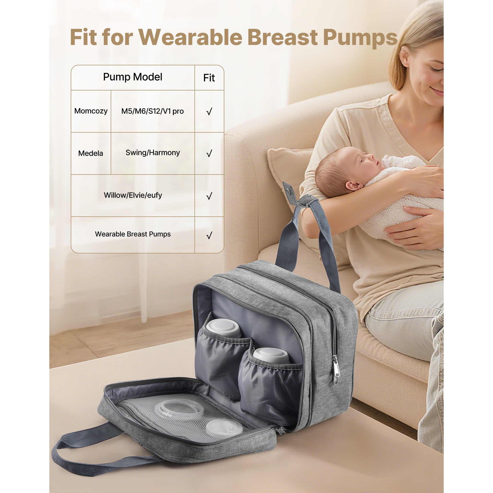 KFFKFF Wearable Breast Pump Bag with Ice Pack, Compatible with M5/M6 Models, Ideal for Pumping Accessories and Milk Storage, Compact Carrying Case for Work, Travel, and Home Use, Grey