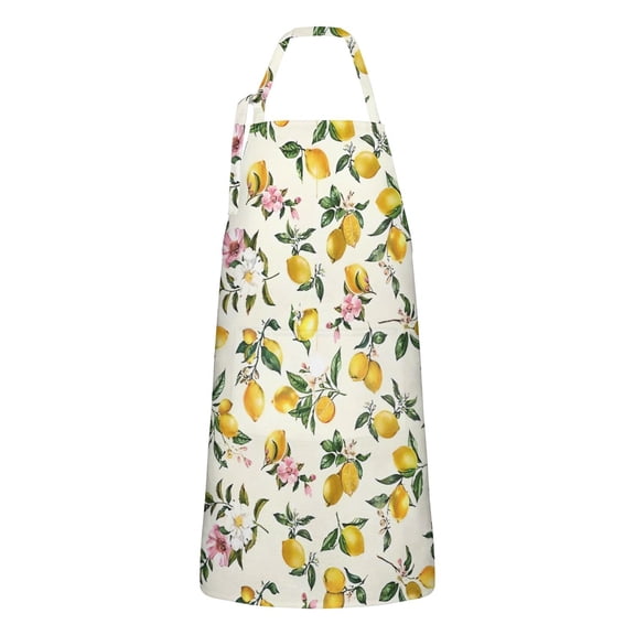 Yellow Lemon Fruit Flowers Yellow Pattern Apron-Garden Aprons for Women with Pockets-Cotton Linen Waterproof Kitchen Cooking Gardening Aprons Adjustable for Kitchen,Cooking,BBQ and Salon 33x27 Inch