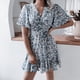 thumbnail image 3 of Vestido floral con cintura fruncida,Vestido floral de manga corta Vestido corto floral con cuello en V Vestido corto floral de verano Eficiencia maximizada, 3 of 6