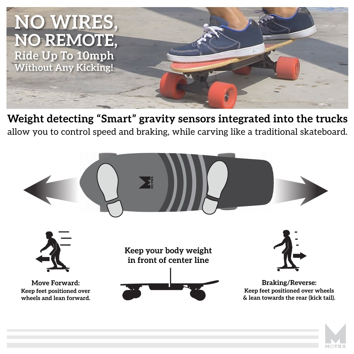 M8TRX EB100 Electric Skateboard, Gravity Sensor Riding, 300 Watt, 28" Deck, 10 MPH, Red