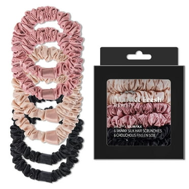 Market Fresh Beauty Silk Skinny Hair Scrunchies, 6 Pack - Silk Hair Ties for All Hair Types, Prevents Hair Breakage  Crease-Free Hold - Elegant Beige, Blush Pink, Black