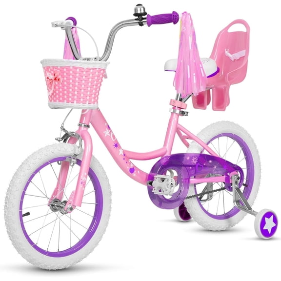 hykolity 16 inch Kid Bikes for Age 4-7 Years Old, Girl Bikes in Pink Rider Height 41-53 inch with Adjustable Seat, Doll Seat and Training Wheel