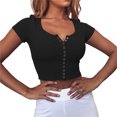 thumbnail image 3 of FOCUSNORM Women Short Sleeve Knit Blouse Solid Color V-neck Slim Short Top, 3 of 3