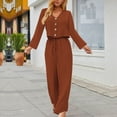thumbnail image 2 of Women Fall Fashion Casual 2 Piece Outfit Cotton Linen Long Sleeve Button V Neck Crop Tops Wide Leg Pants Sets Loungewear, 2 of 6