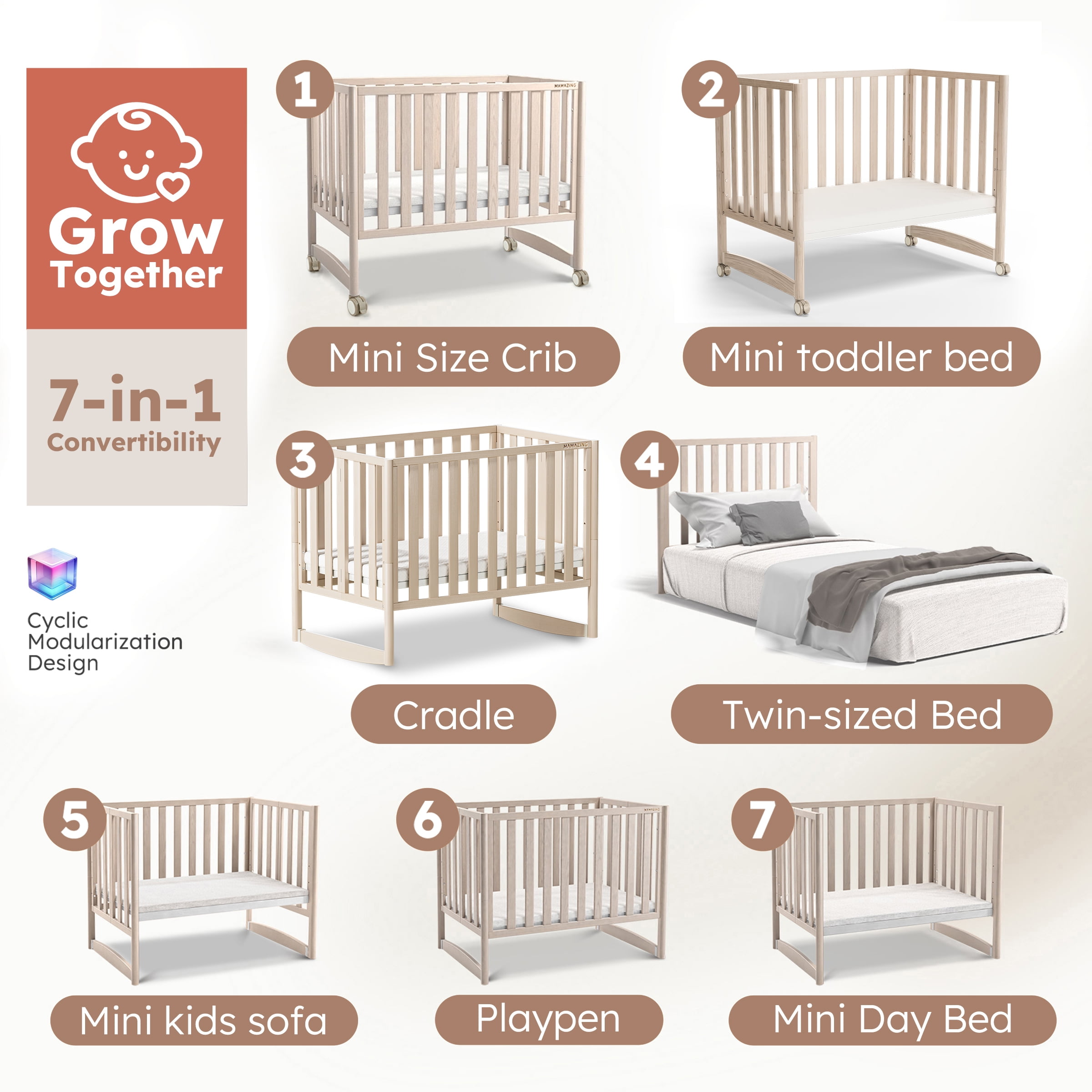 Mamazing 7-in-1 Convertible Baby Crib with mattress, 4 Adjustable Heights Pinewood Foldable Infant Cradle Converts to Twin Bed Playpen Mini Sofa