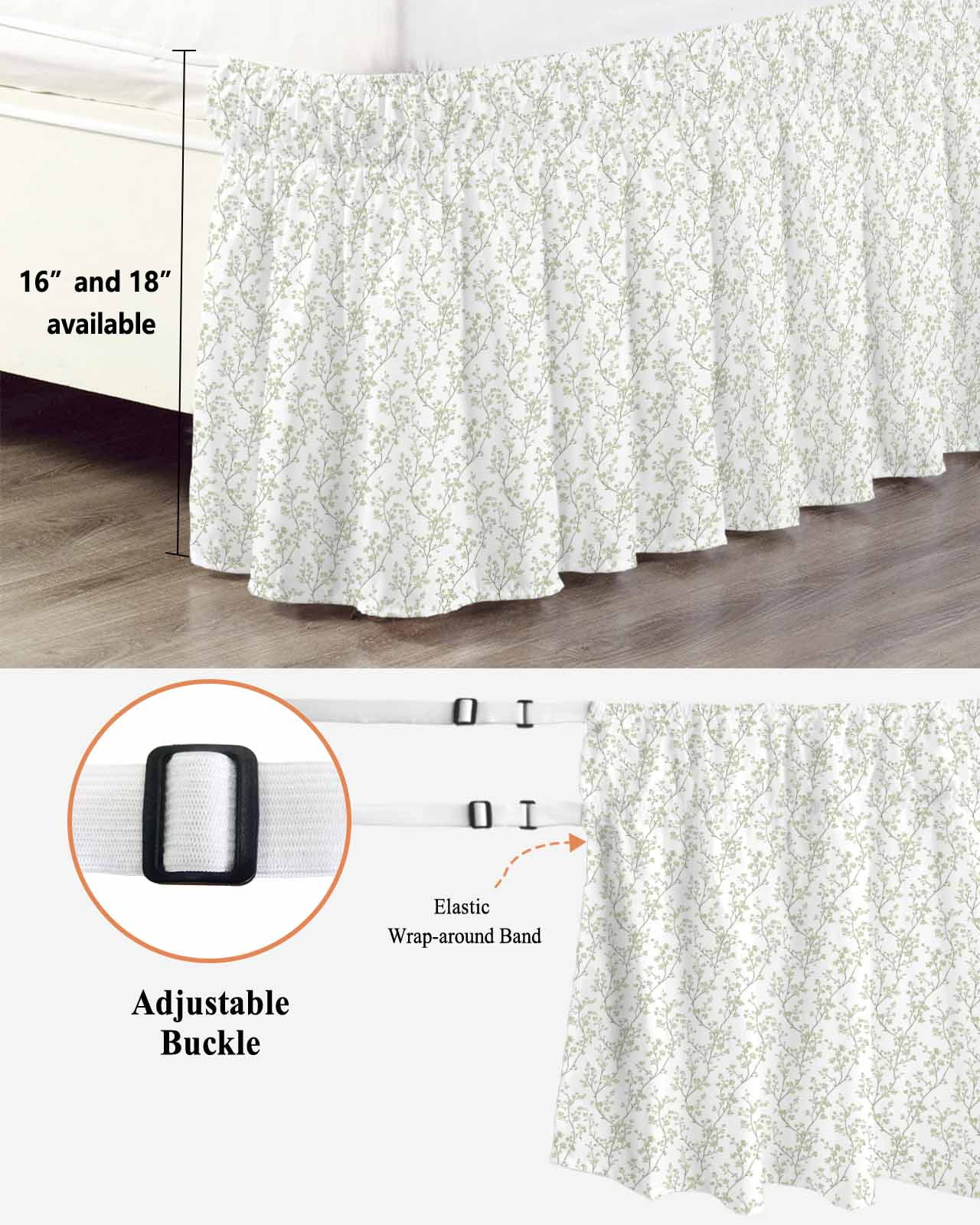 Sage Green Flowers Bed Skirt King Size 18" Drop Branches Plants Ruffled Wrap Around Bed Skirts Adjustable Elastic Bedskirt Dust Ruffle for King Size Bed