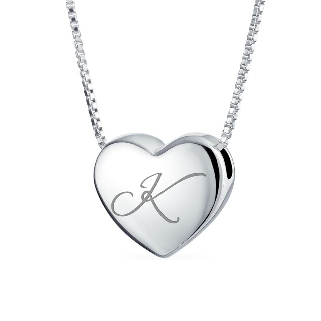 Personalized Plain Simple Engravable Script Alphabet Letter K Initial Monogram Heart Pendant Necklace Slide Pendant for Women for Girlfriend Polished .925 Sterling Silver Custom Engraved
