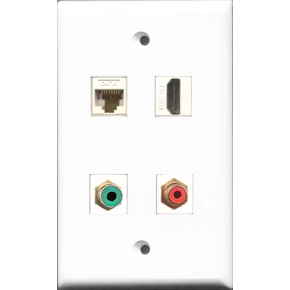 RiteAV 1 Port HDMI and 1 Port RCA Red and 1 Port RCA Green and 1 Port Cat6 Ethernet White Wall Plate