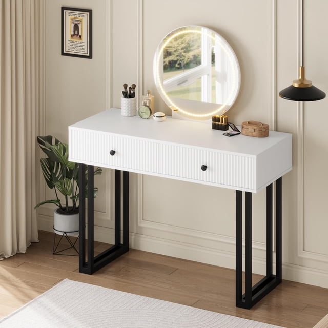 EDTara Small Vanity Desk With Round Led Mirror, 40" White Makeup Table Featuring 3 Color Lights and Adjustable Brightness, 2-Drawer Design