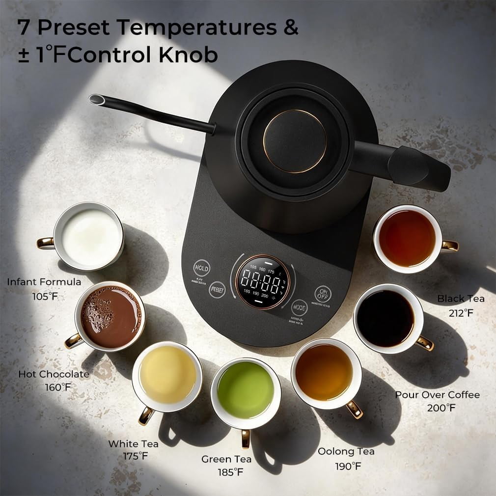 Gooseneck Electric Kettle with 7 Presets & ±1 ° F Precision Temperature Control, Pour Over Coffee & Tea Kettle, Hot Water Boiler, Stainless Steel Inner, 1000W/0.8L, Matte Black